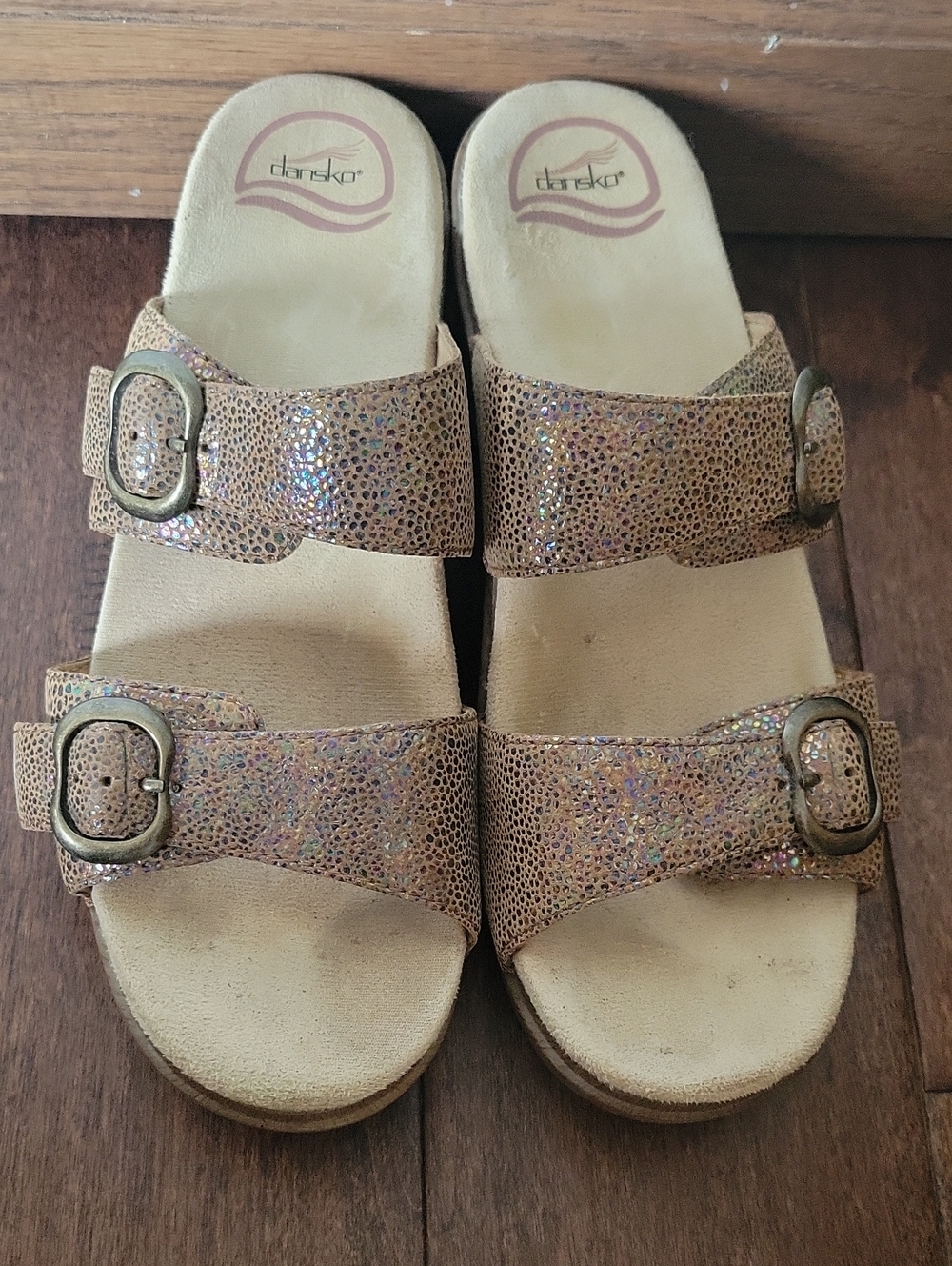 Dansko Iridescent Tan Buckle Slide Sandals Size 40
